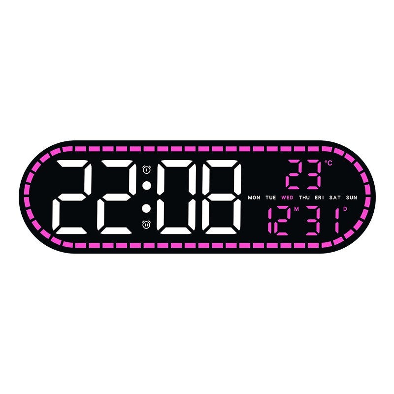 Zegar ścienny LED, owalny zegar elektroniczny z budzikiem i kalendarzem, do salonu, sypialni, biura, Gh9009, czarna muszla, lampa w kolorze różowym