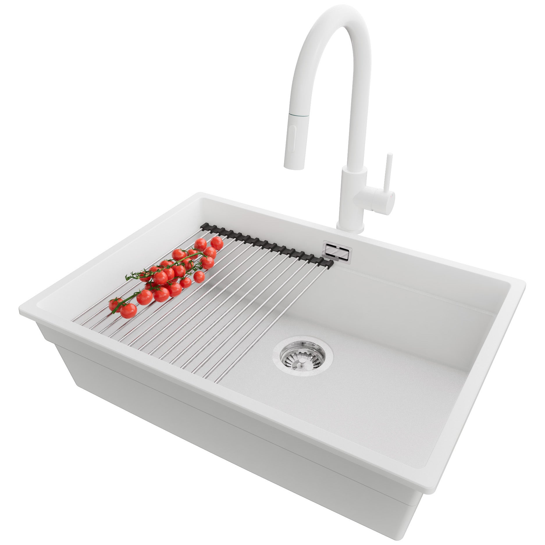 Zlewozmywak podblatowy Biały 66x47cm, Zlew Kuchenny 1 Komorowy + Bateria 40x20cm + Syfon + Zwijany ociekacz, do szafki od 70cm - Praga PRIMAGRAN