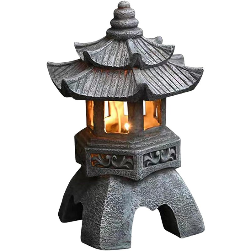 Dekoracja ogrodowa, figura ogrodowa pagoda, styl japoński, żywica odporna na promieniowanie UV, latarnia solarna, szara