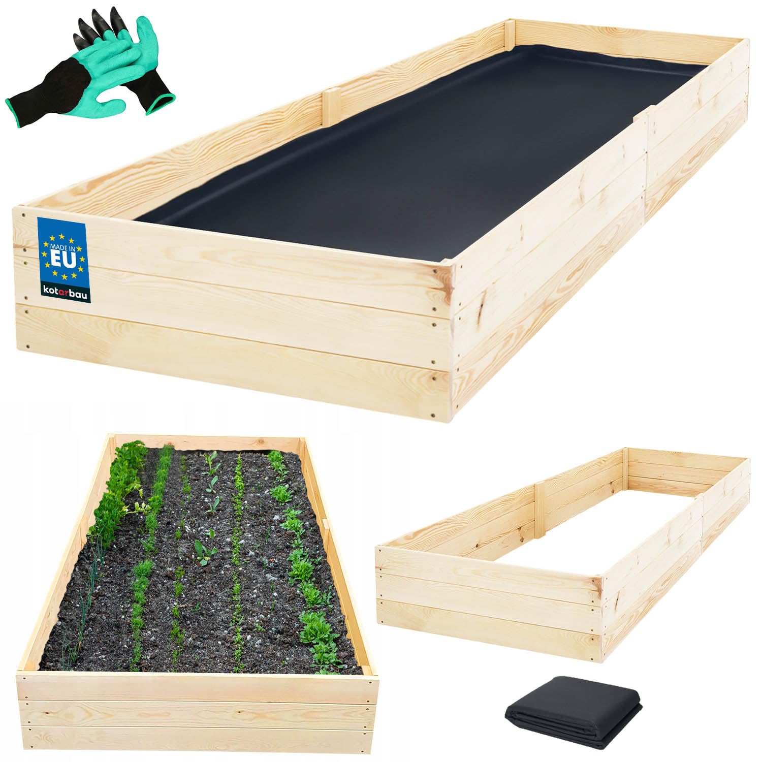 Skrzynka Drewniana na Warzywa - 200 X 100 X 27 CM - Warzywniak z Agrowłókniną - Skrzynia Uprawowa - Rękawiczki Pazurki KOTARBAU