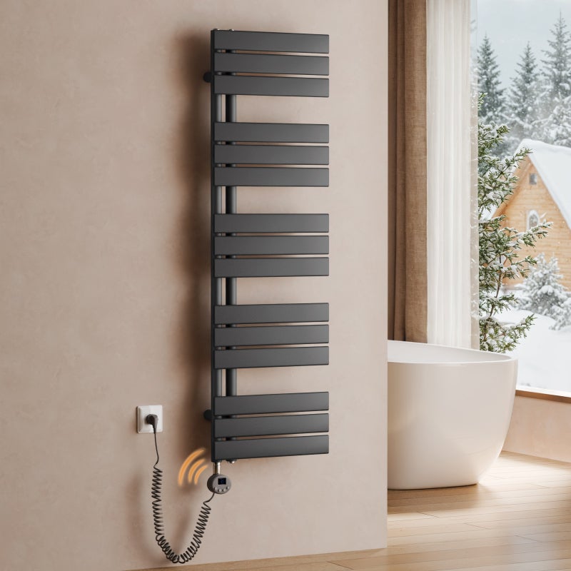 Grzejnik łazienkowy elektryczny WiFi 132 × 40 cm, 600 W, antracytowy, z inteligentnym termostatem i sterowaniem przez aplikację - S'AFIELINA