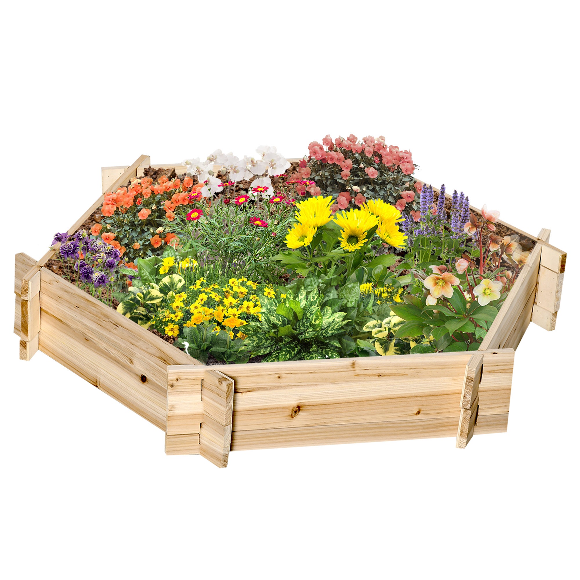 Sześciokątna podwyższona donica DIY z drewna do ogrodu, balkonu, naturalna 100 x 92 x 16 cm