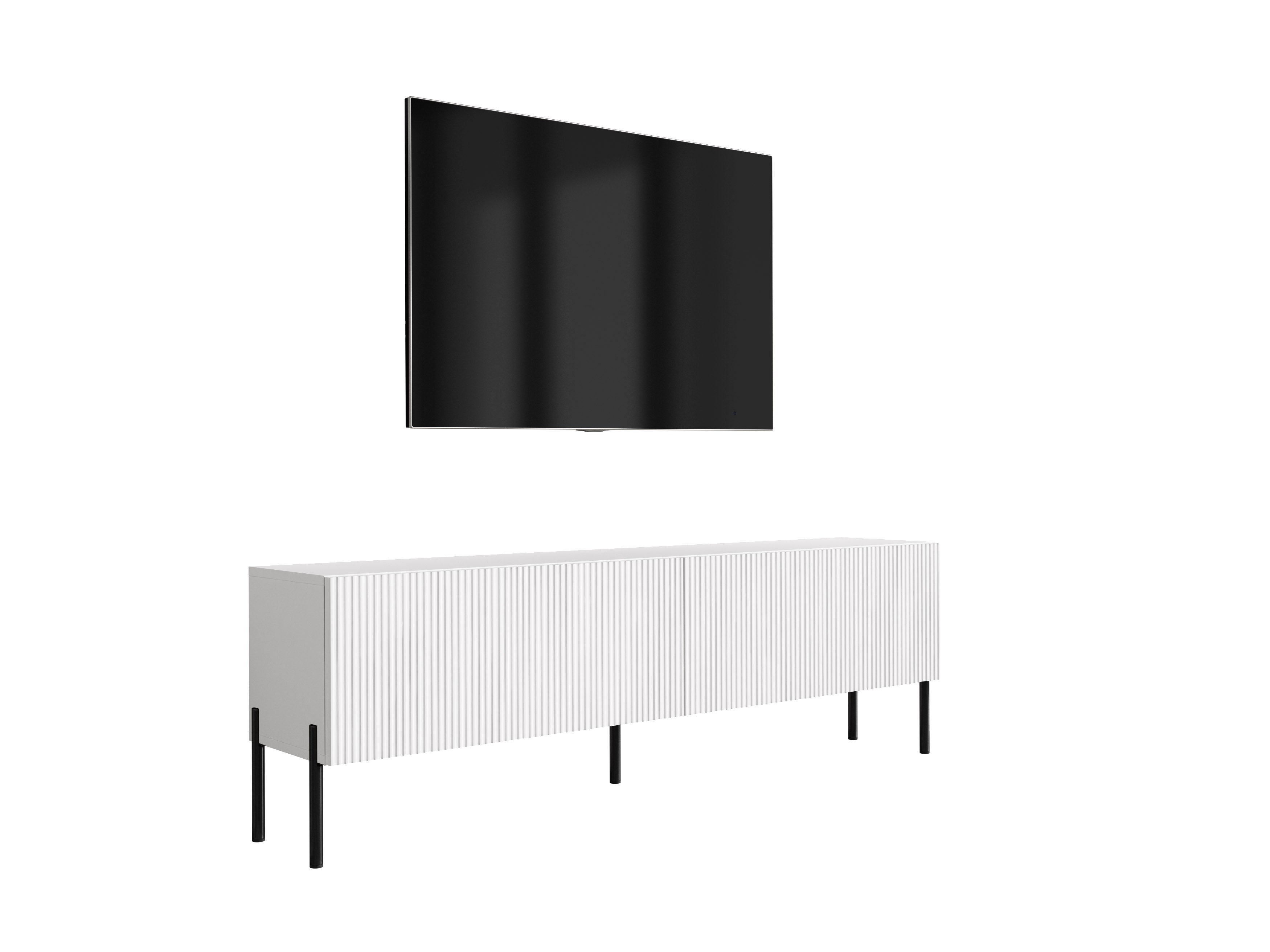 Szafka pod telewizor 170, fronty ryflowane, Biały Mat, nóżki proste czarne, 170 × 32 × 52 cm