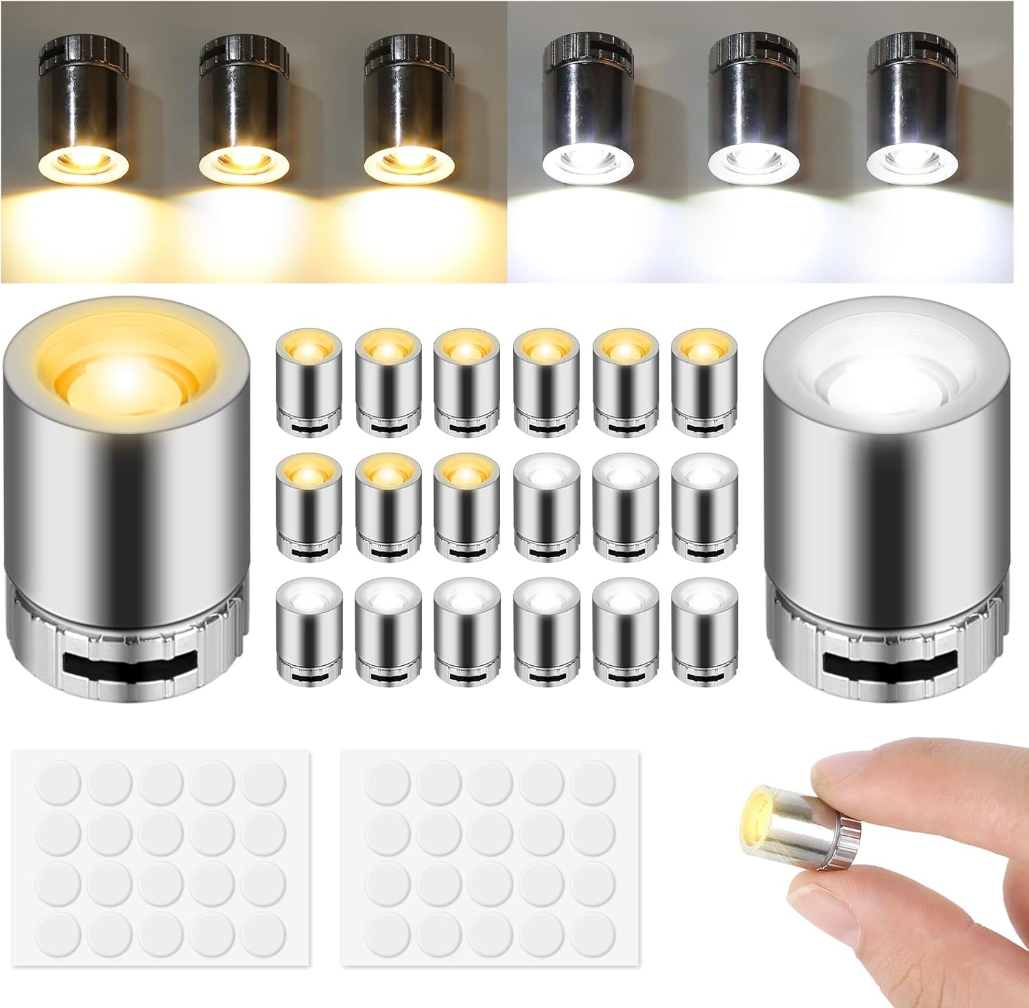 30 sztuk miniaturowych bezprzewodowych lampek LED, ciepła biel i biel, małe lampki LED zasilane bateriami z samoprzylepnymi kropkami, małe lampki LED