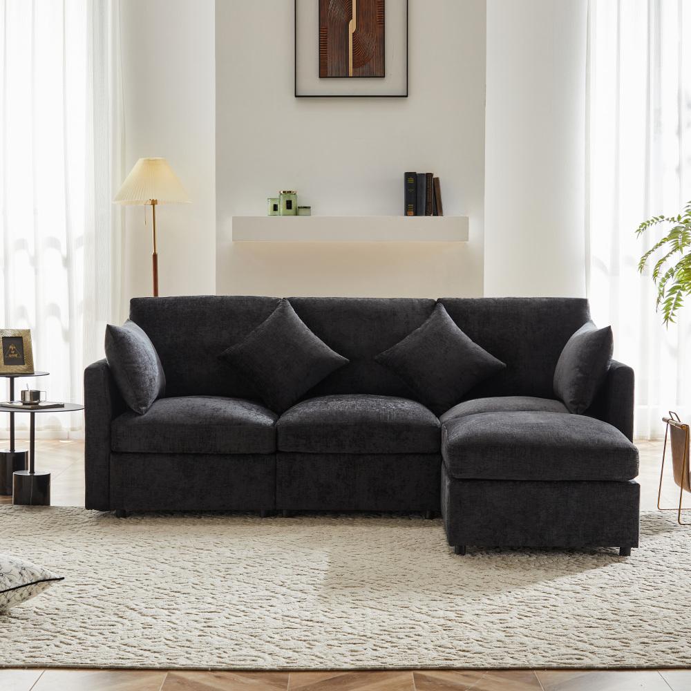 Nowoczesna sofa welurowa, sofa 3/4-osobowa, narożnik w kształcie litery L z pufem, najwyższy komfort w salonie