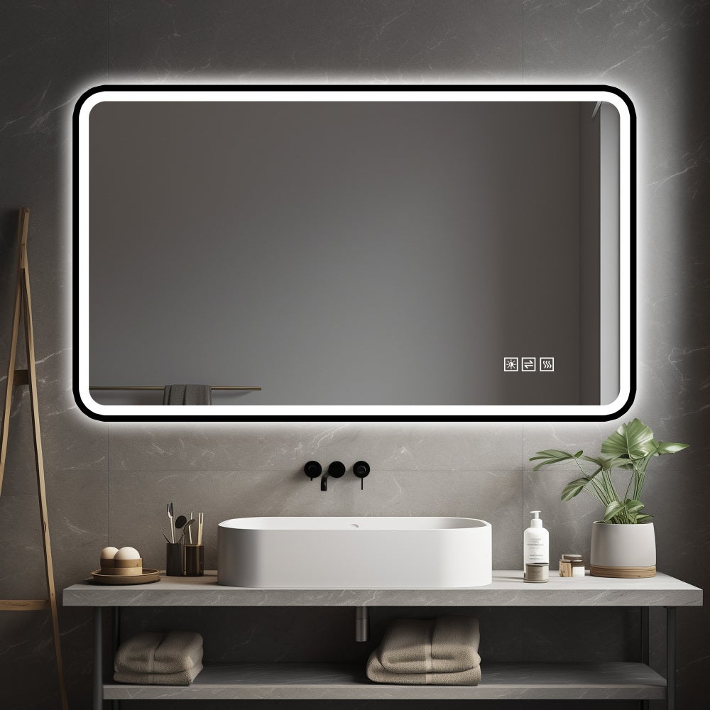 Lustro LED 70x90cm, czarna aluminiowa rama, przód/tył, powłoka przeciwmgielna, 3 kolory, ściemnialne, z pamięcią ustawień, IP44, poziome/pionowe