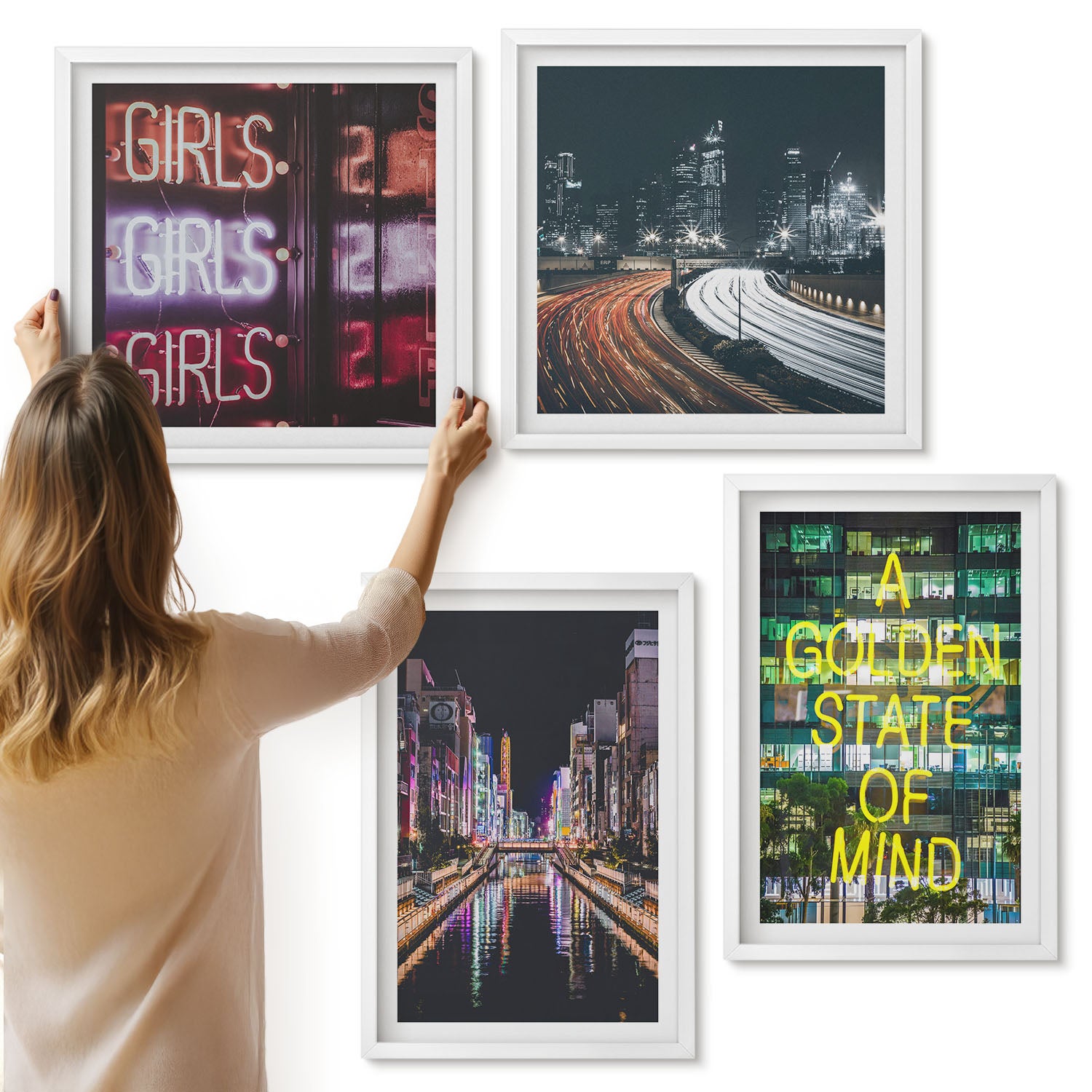 Galeria ścienna 4-częściowy komplet obrazów w białych ramach - Neonowe napisy miasta nocą miejskie pejzaże - ArtPrintCave