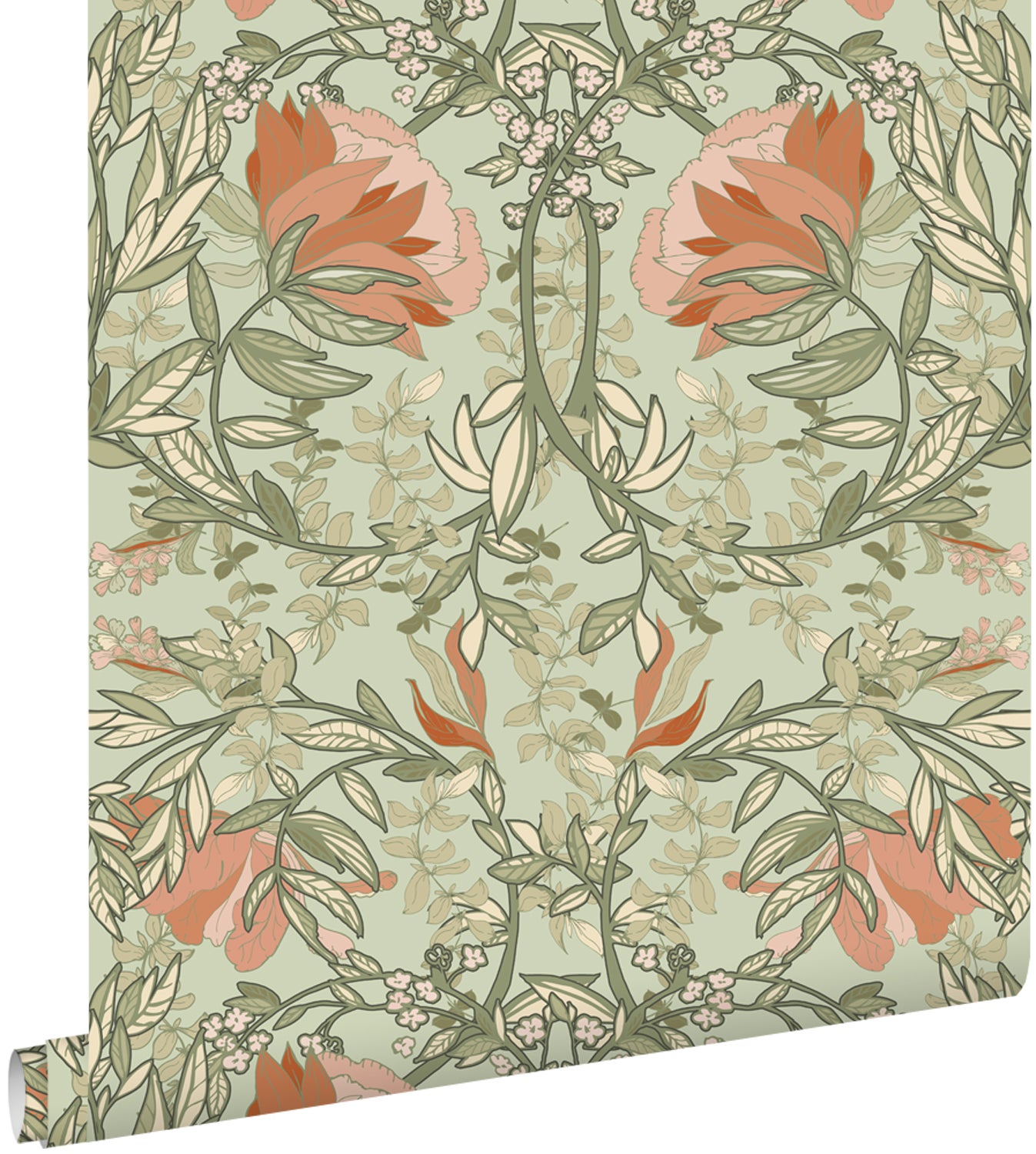 Tapeta vintage kwiaty w stylu secesyjnym zielony i terakota - 50 x 900 cm - ESTAHOME