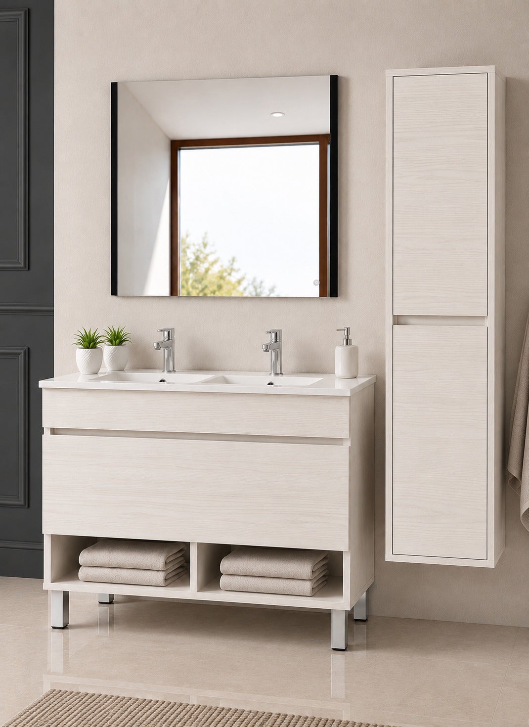 Szafka łazienkowa na nóżkach z umywalką ORIGENBATH NEBARI na nóżkach z szufladą z kolumną 120x45 cm podwójna umywalka biały nordycki z kolumną