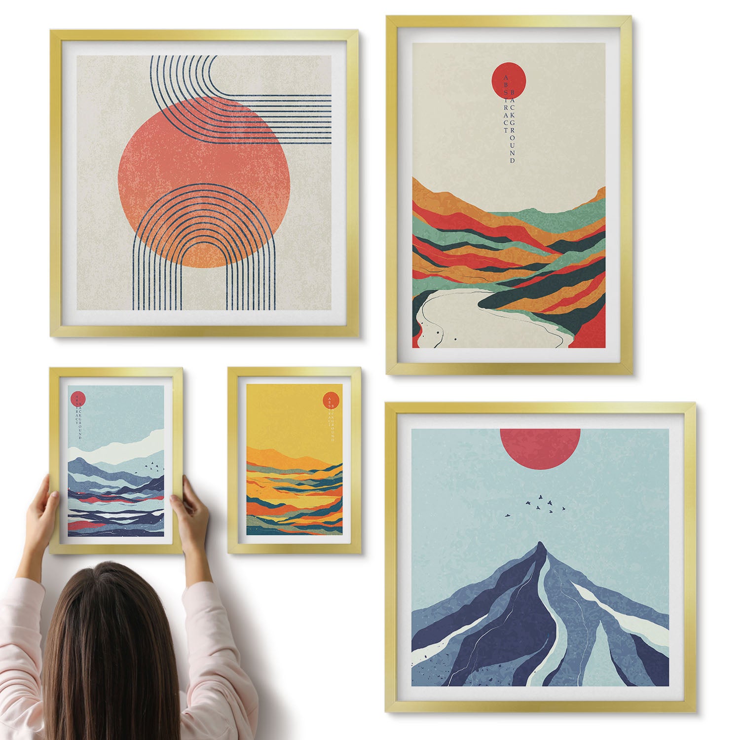 Galeria ścienna 5-częściowy komplet obrazów w złotych ramach - Abstrakcyjne krajobrazy górskie z geometrycznymi kształtami - ArtPrintCave