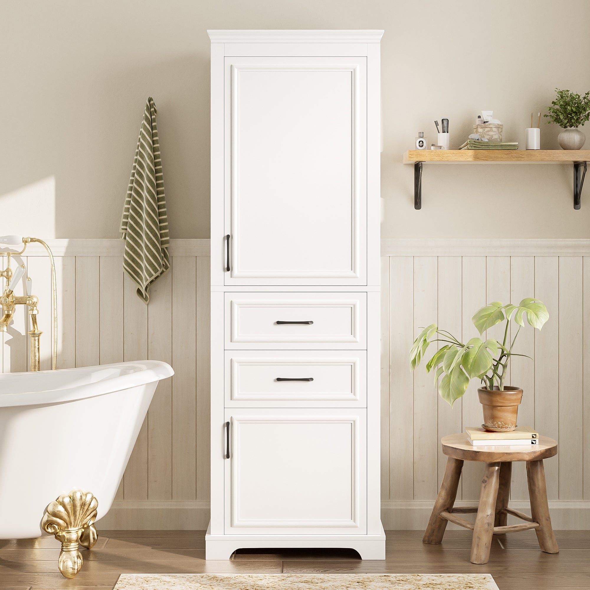 Szafka łazienkowa z 2 drzwiami i 2 szufladami - 60 x 40 x 180 cm - MDF - 4 regulowane półki - biała
