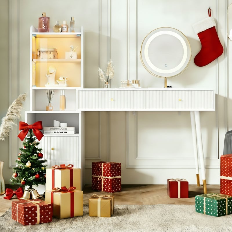 Toaletka z lustrem LED, 4 szufladami i 1 szklanymi drzwiami - 100 x 40 x 125 cm - Płyta wiórowa - Kolor biały (bez stołka)