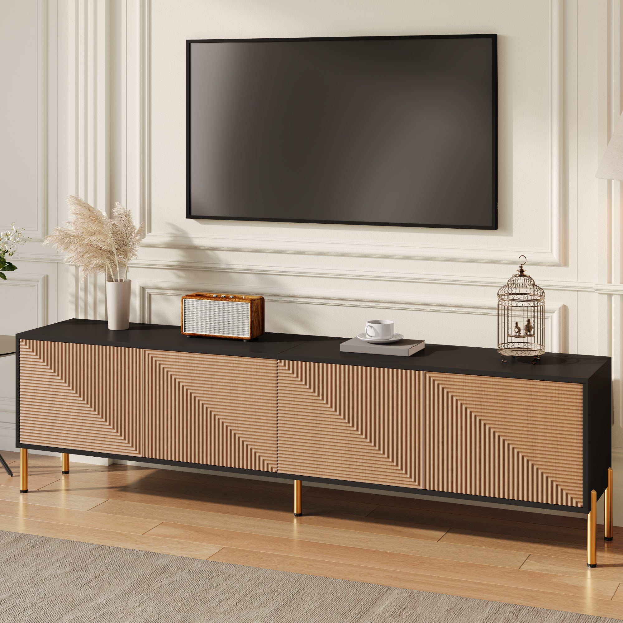 Nowoczesne meble TV 179x35x53,5 cm - 4 drzwi - Nogi metalowe - Design bez uchwytów - Płyta wiórowa - Naturalny i czarny