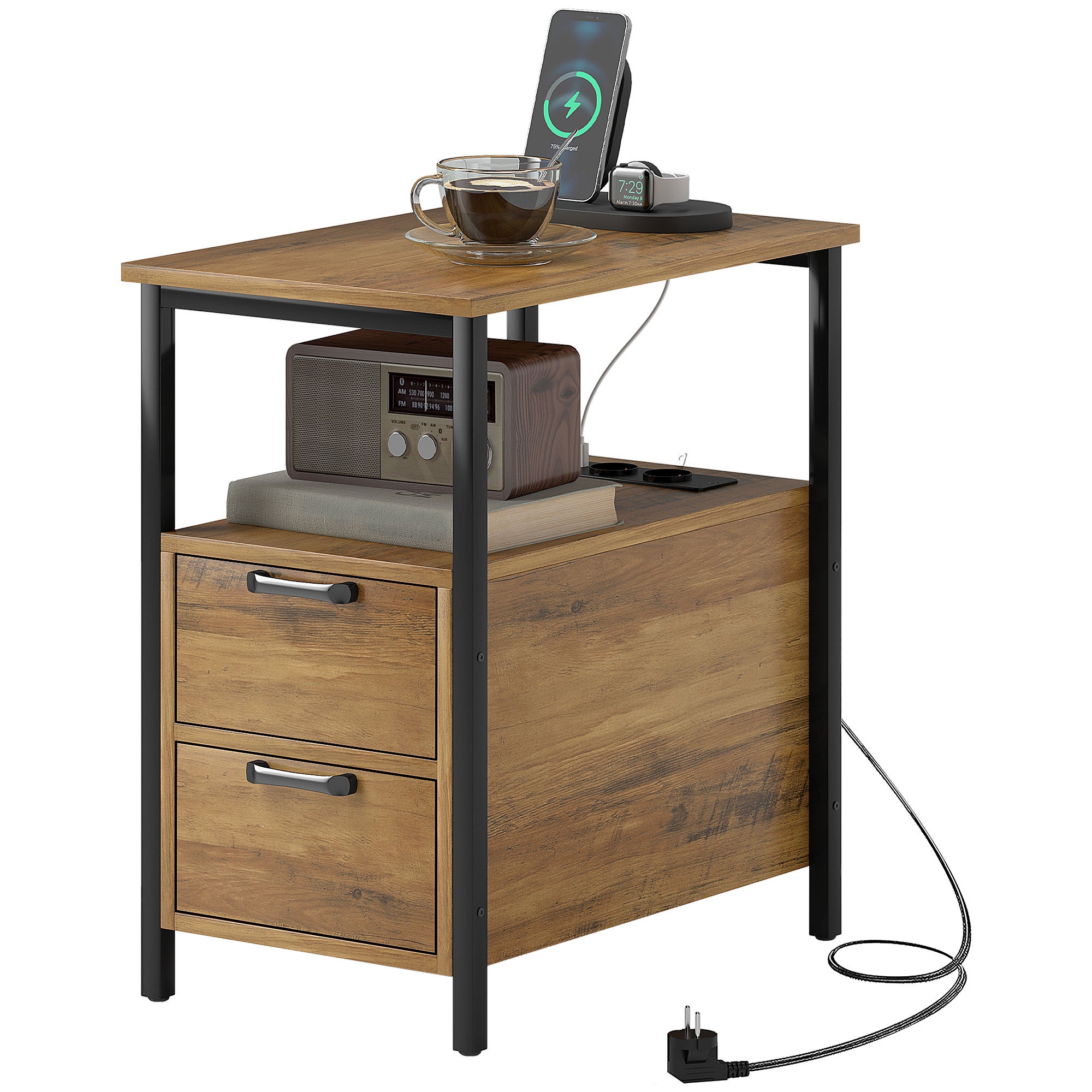 Stolik nocny/boczny z 2 portami USB, 1 portem typu C, kablem 143 cm, szufladami i półką, drewno naturalne
