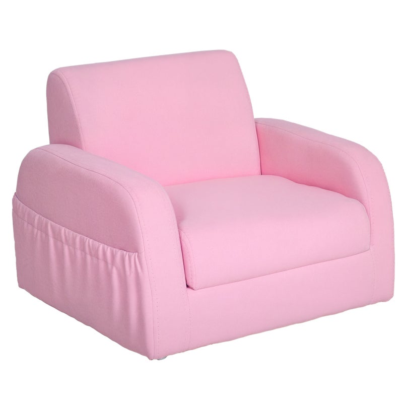Fotel, sofa rozkładana, konstrukcja 2 w 1, składane łóżko dziecięce (dwie regulowane pozycje), z podłokietnikami, 47x45x38 cm, kolor różowy.