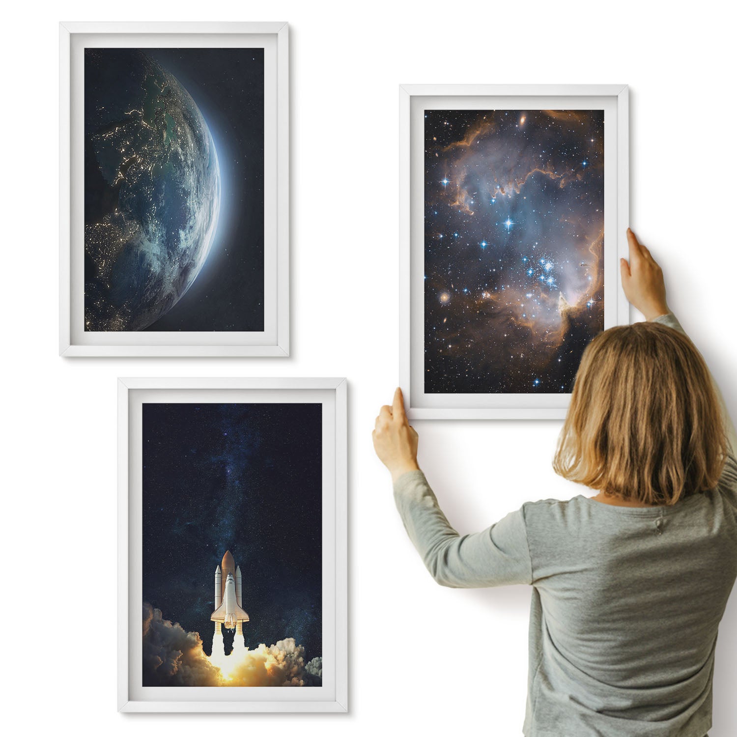 Galeria ścienna 3-częściowy komplet obrazów w białych ramach - Kosmos Ziemia rakieta galaktyka niebo gwiazdy - ArtPrintCave
