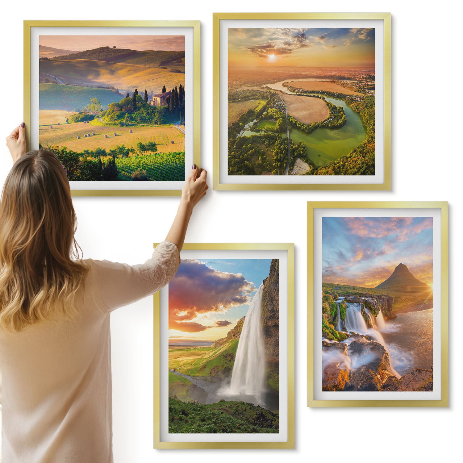 Galeria ścienna 4-częściowy komplet obrazów w złotych ramach - Piękne włoskie widoki natury o zachodzie słońca - ArtPrintCave
