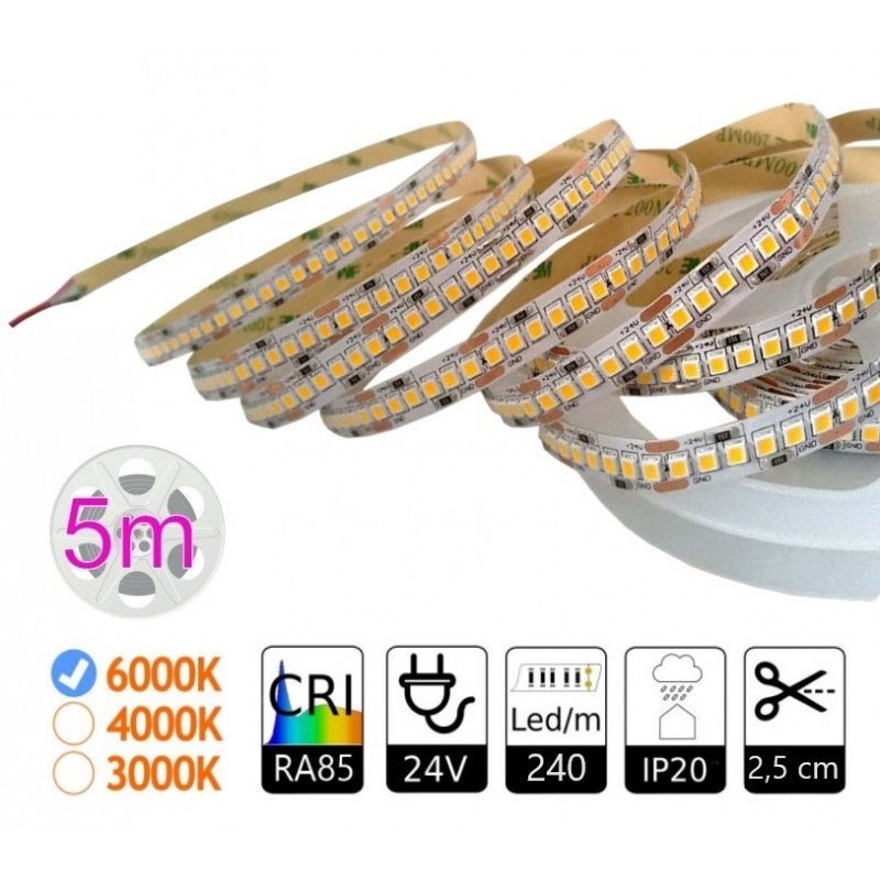 Taśma LED 24V 1200 diod LED, 18W/m SMD2835, chłodne światło 6000K, 9000 lm, szerokość taśmy 10mm IP20, długość 5 metrów