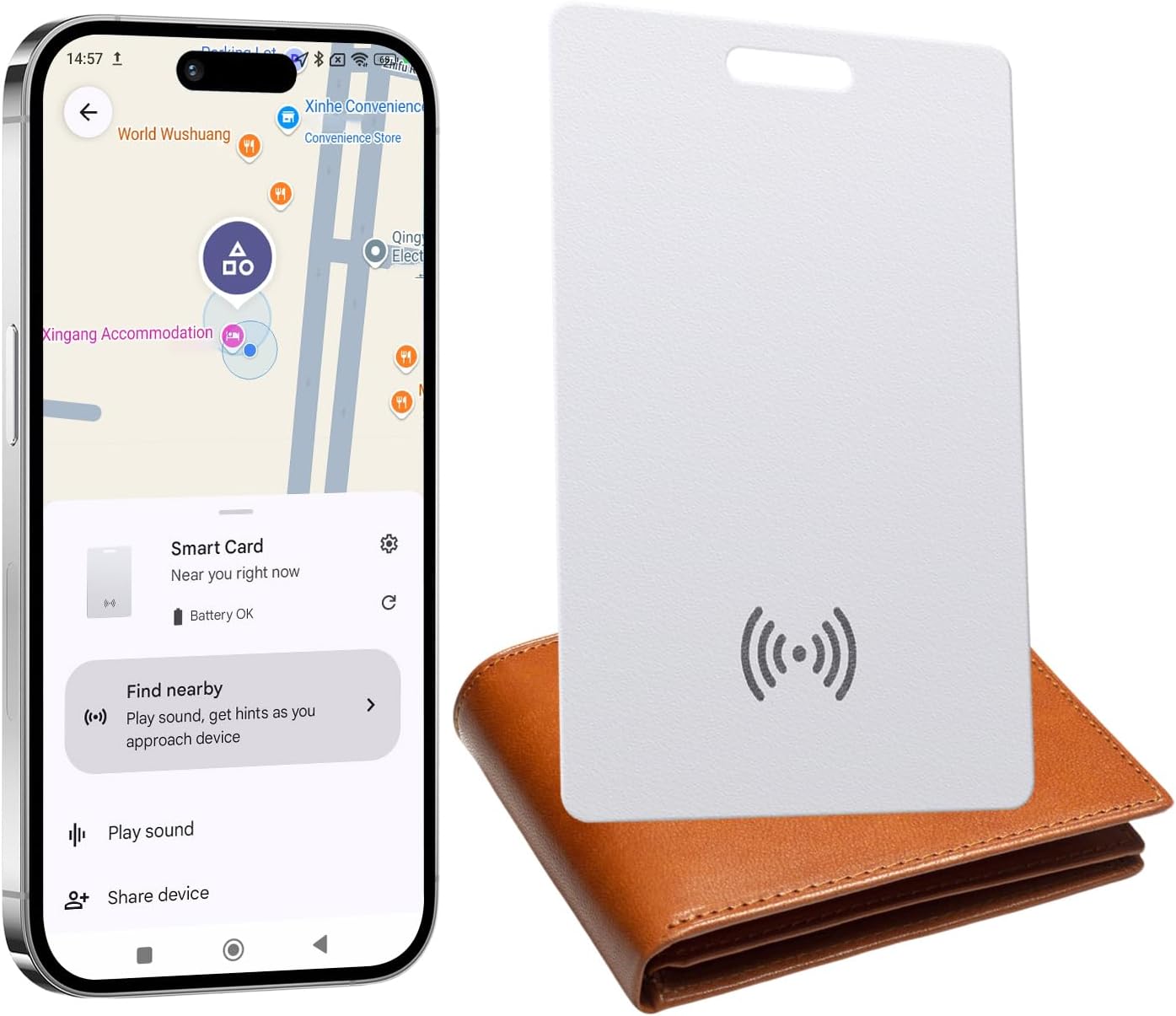 Lokalizator portfela dla Androida, śledzenie portfela dla kart o grubości 2 mm, kompatybilny z aplikacją Google My Device Find My (tylko Android)