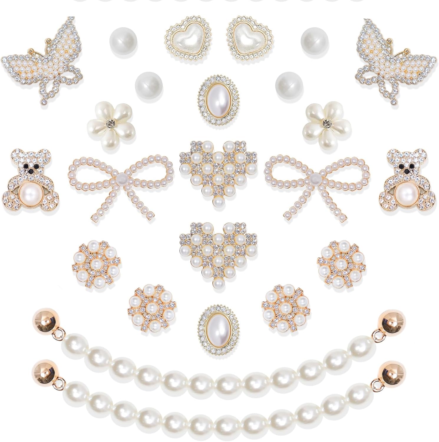 24PCS Pearl kwiat rhinestone hole shoe chain buckle dekoracja, sparkly i cute shoe accessory. złoty