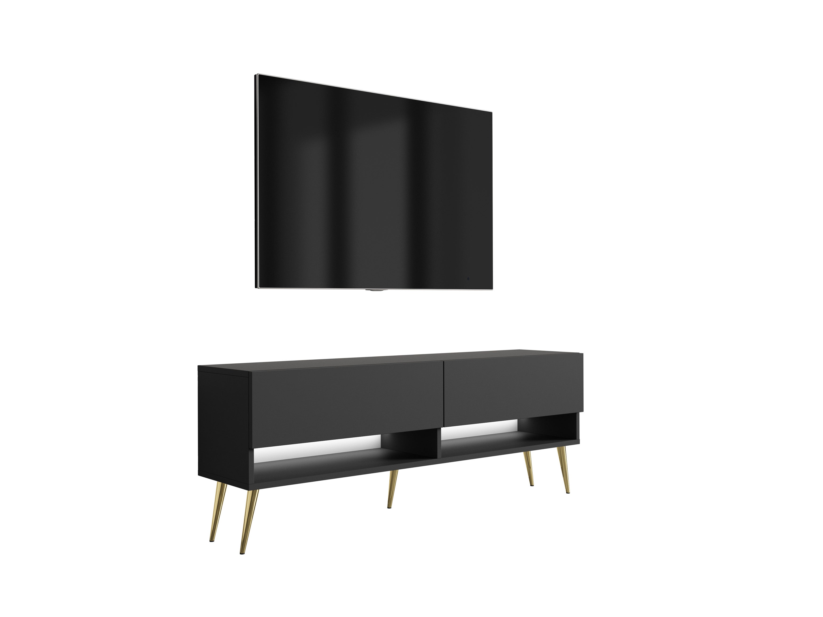 Szafka pod telewizor 140 cm Czarny Mat, nóżki pochyłe złote, LED biały, 140 × 32 × 52 cm