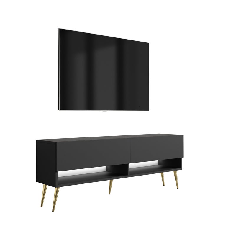Szafka pod telewizor 140 cm Czarny Mat, nóżki pochyłe złote, LED biały, 140 × 32 × 52 cm