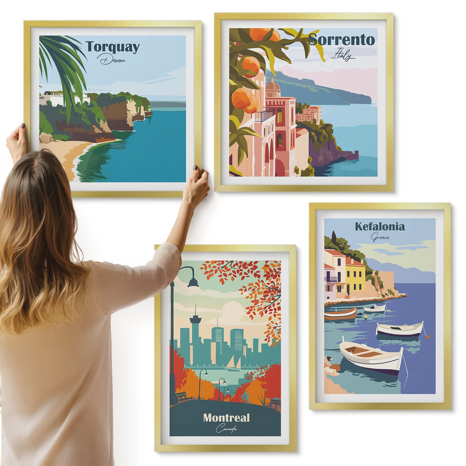 Galeria ścienna 4-częściowy komplet obrazów w złotych ramach - Retro widoki miast i krajobrazów ze świata - ArtPrintCave