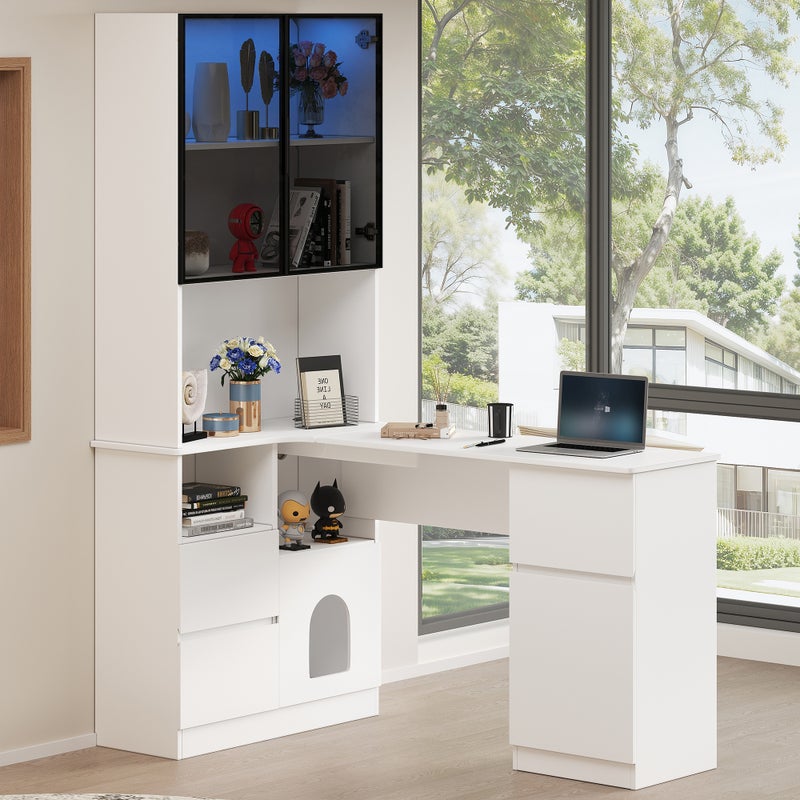 Biurko narożne z 3 szufladami, 4 drzwiami i przegródkami otwartymi - 120 x 80 x 180 cm - MDF - Diody LED - Białe