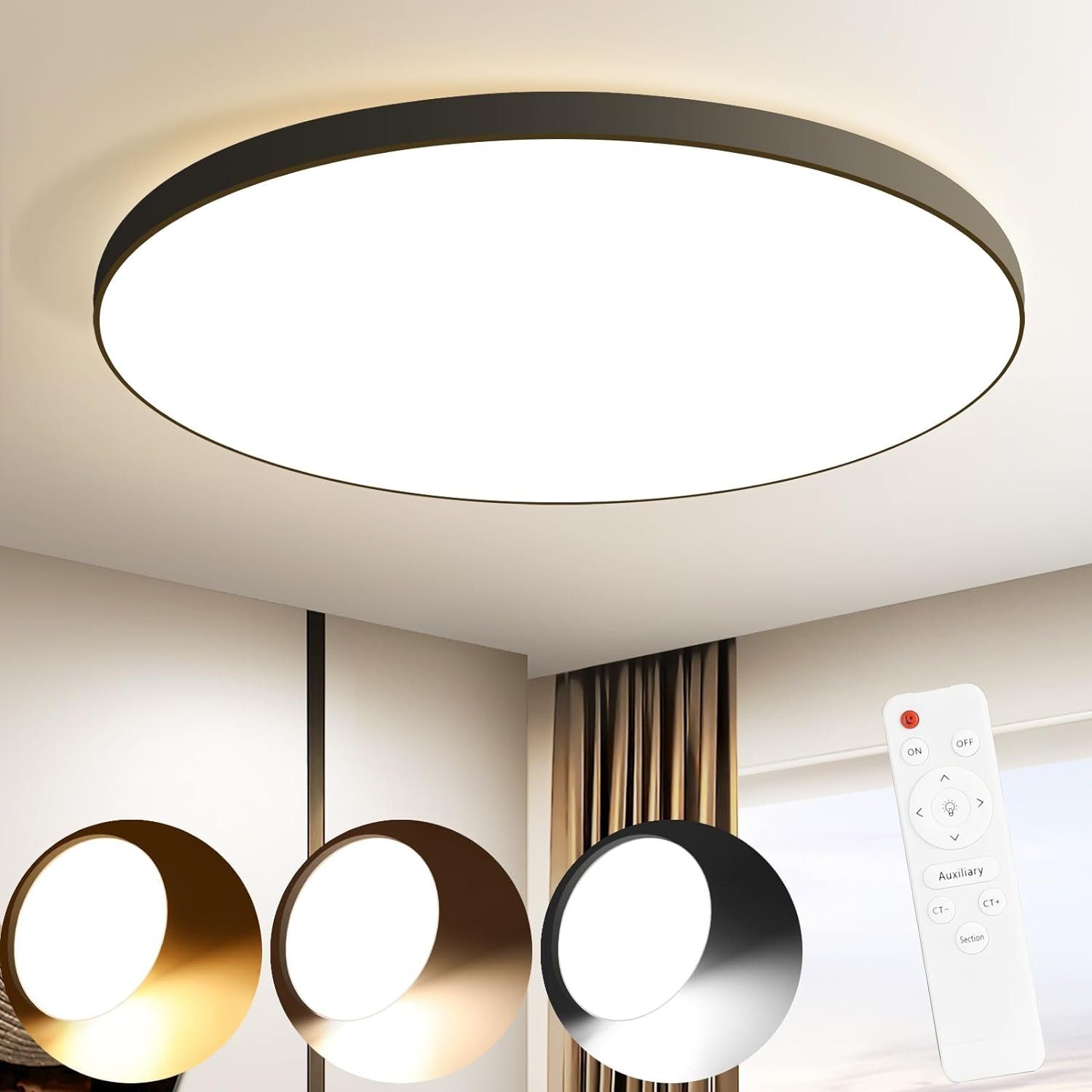 NETTLIFE Lampa sufitowa LED, płaska ściemnialna lampa do sypialni, czarna 30 W IP44 lampa piwniczna, 28 cm lampa łazienkowa, pilot zdalnego sterowania