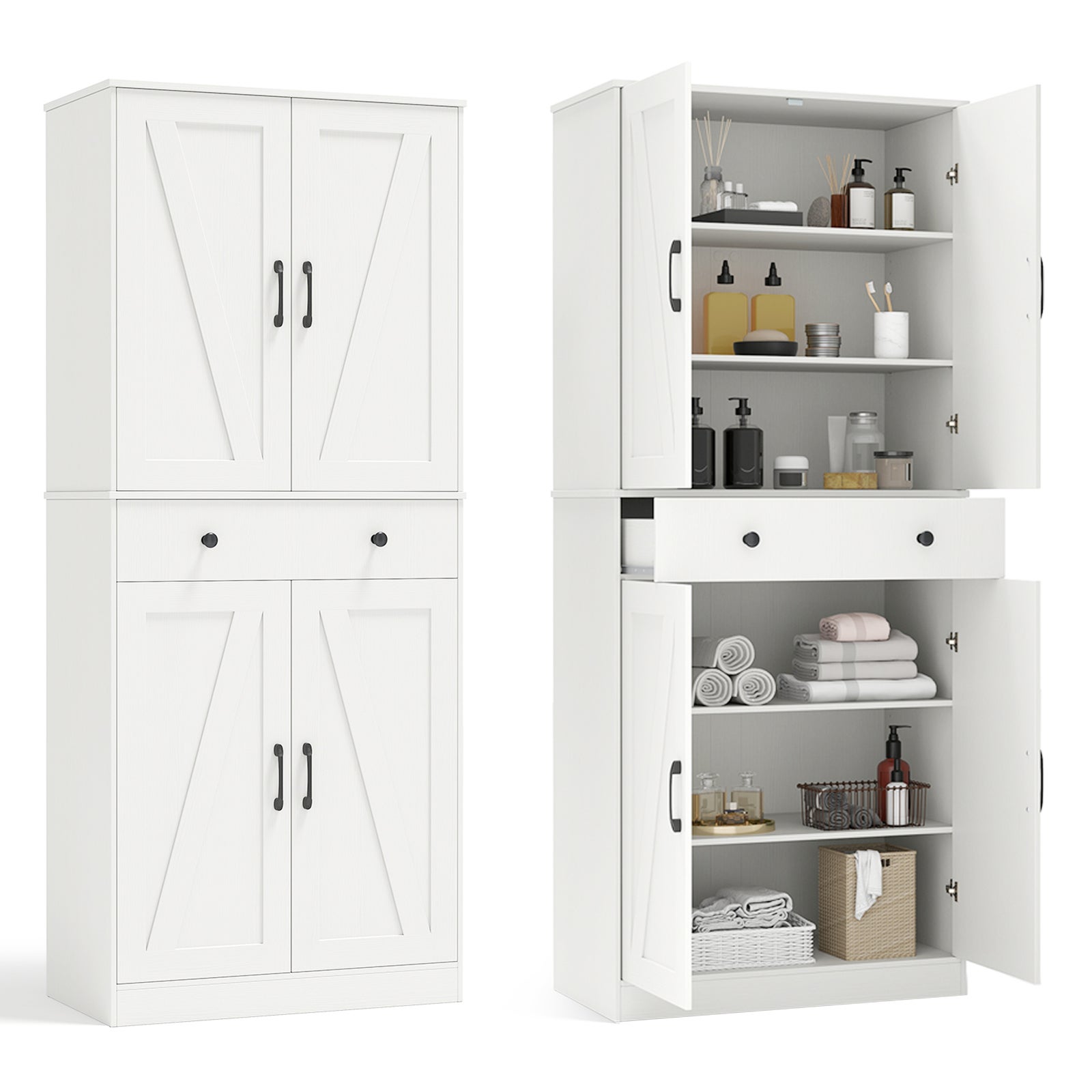 Szafka kuchenna o wysokości 183 cm, z 4 drzwiami typu barn door, 2 zestawami zabezpieczającymi przed przewróceniem się, do salonu, jadalni, biała