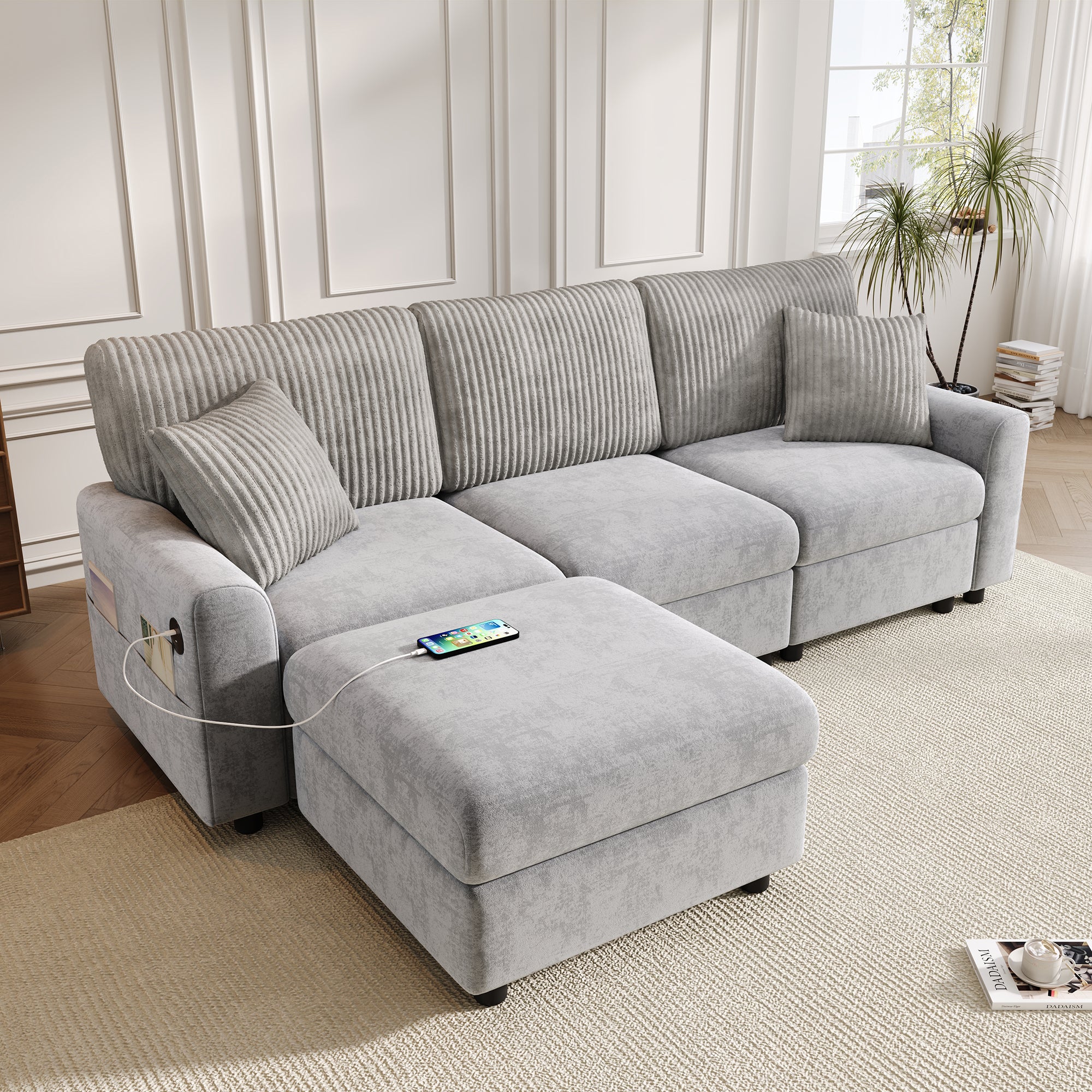 3-osobowa sofa narożna z podnóżkiem, portami USB i Type-C - 223 x 146 x 84 cm - Szenil, sztruks i lite drewno - Szary