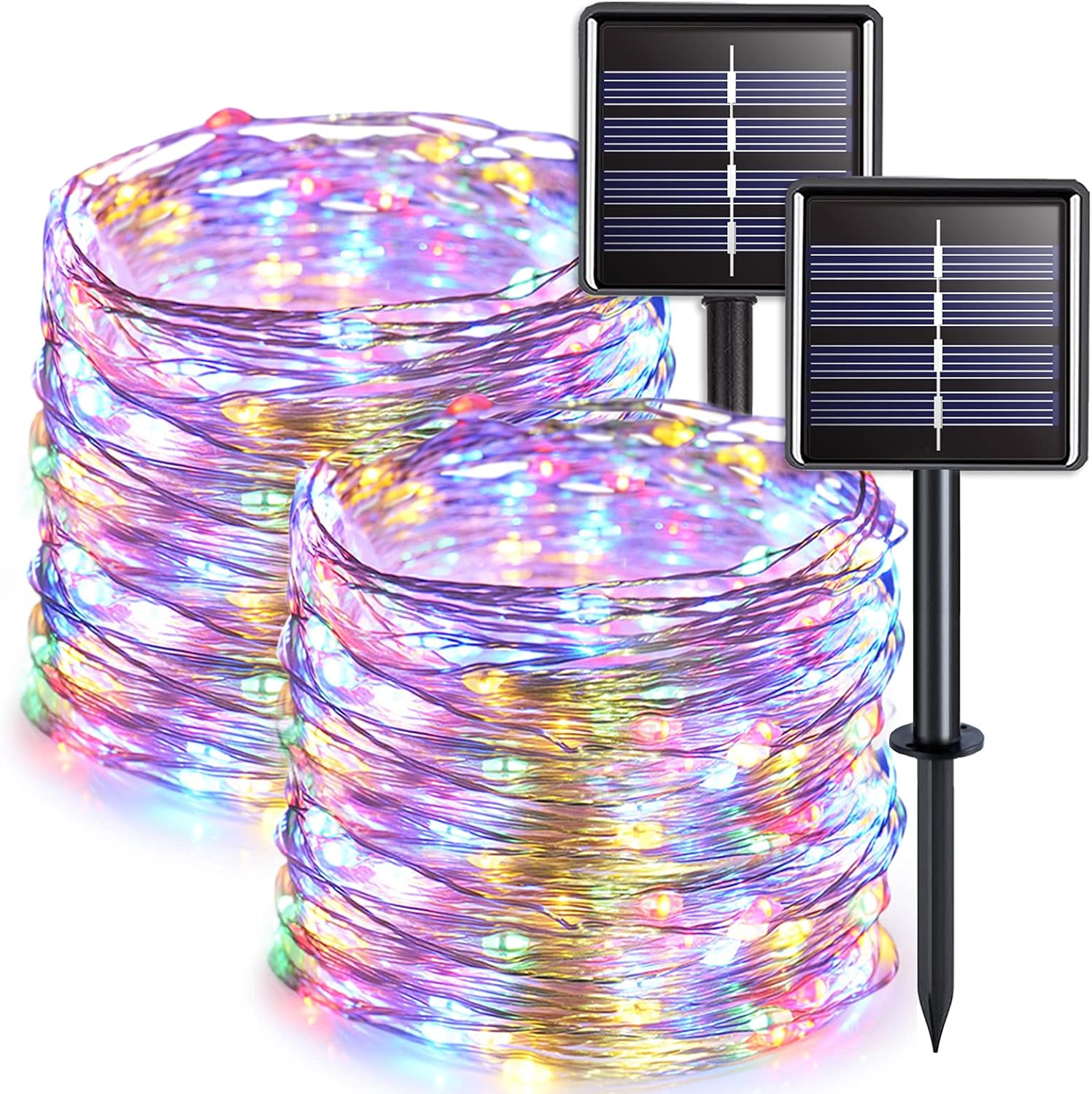 Dwa zasilane energią słoneczną łańcuchy świetlne, każdy o długości 22 metrów, wyposażone są w 200 kolorowych diod LED i 8 różnych trybów oświetlenia.