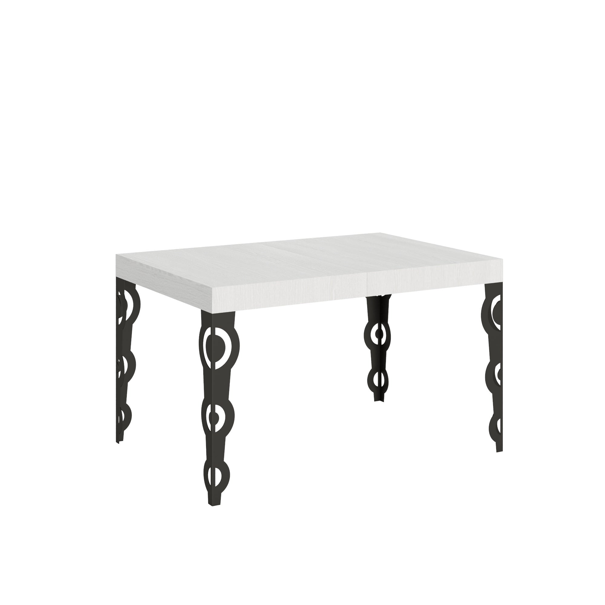 Mesa Karamay de 90x120/224 cm con patas trabajadas con láser y diseño exclusivo en fresno blanco.
