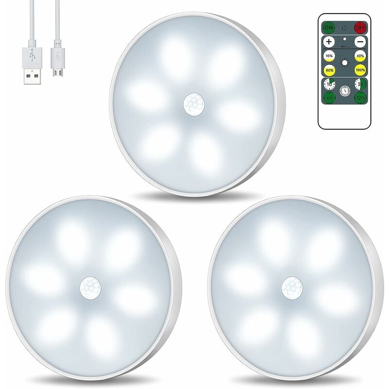 Lampka nocna LED do szafy, ładowana przez USB, zestaw 3 bezprzewodowych lampek nocnych ze sterowaniem dotykowym i pilotem, regulowana jasność, zasilan