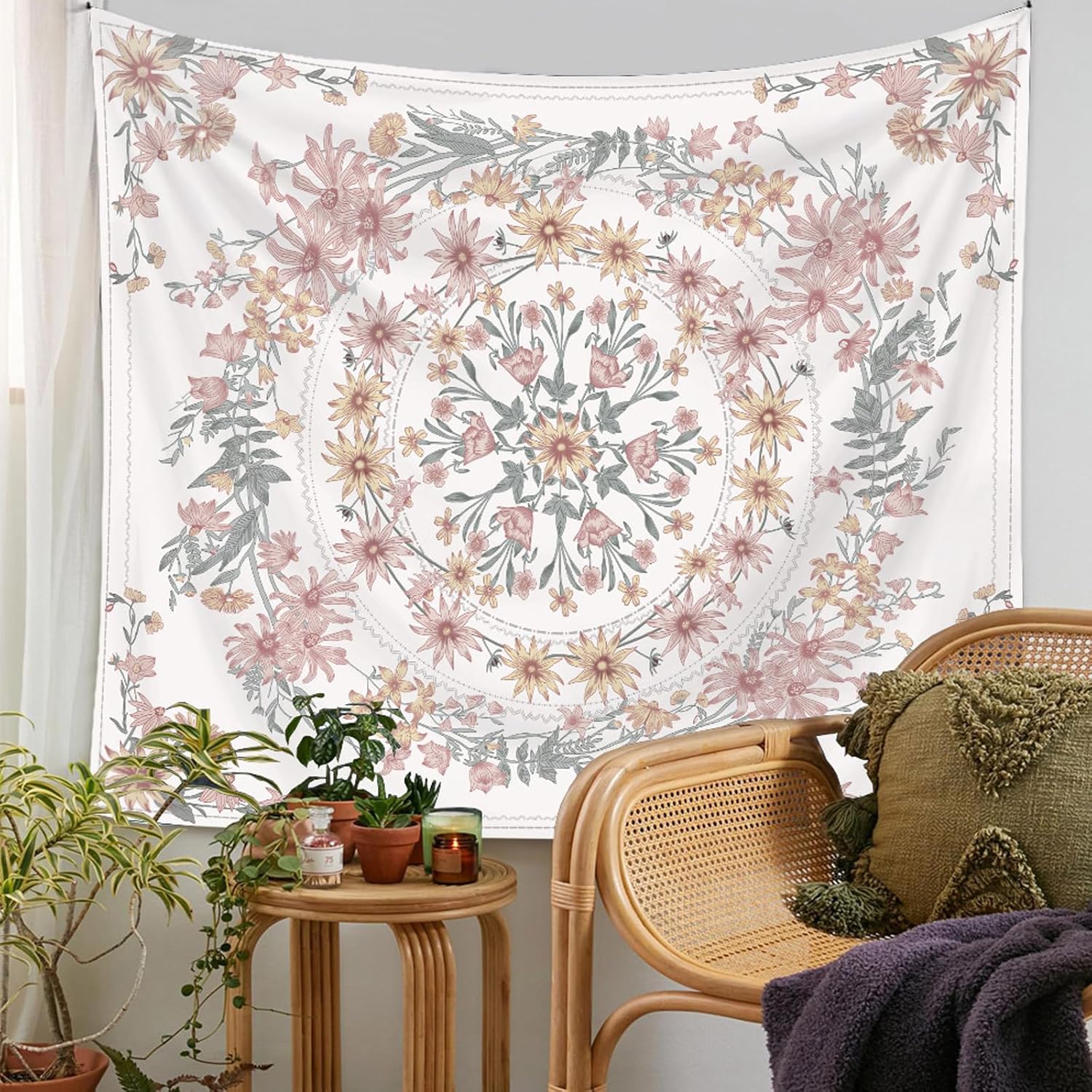 Gobelin psychodeliczny, boho słońce i księżyc, dekoracja ścienna do sypialni, 150 x 130 cm (biały)