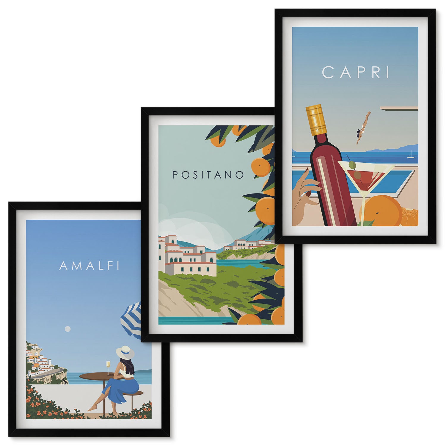 Zestaw obrazów w ramie - 3 części | Wakacyjne widoki Amalfi Positano i Capri | Czarna ramka