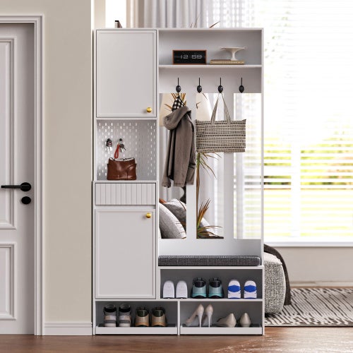 Garderobenset, zestaw garderoby przedpokój z ławką, 4 haczyki, drzwi, szuflady MDF biały 100x180x35 cm kompaktowy organizer