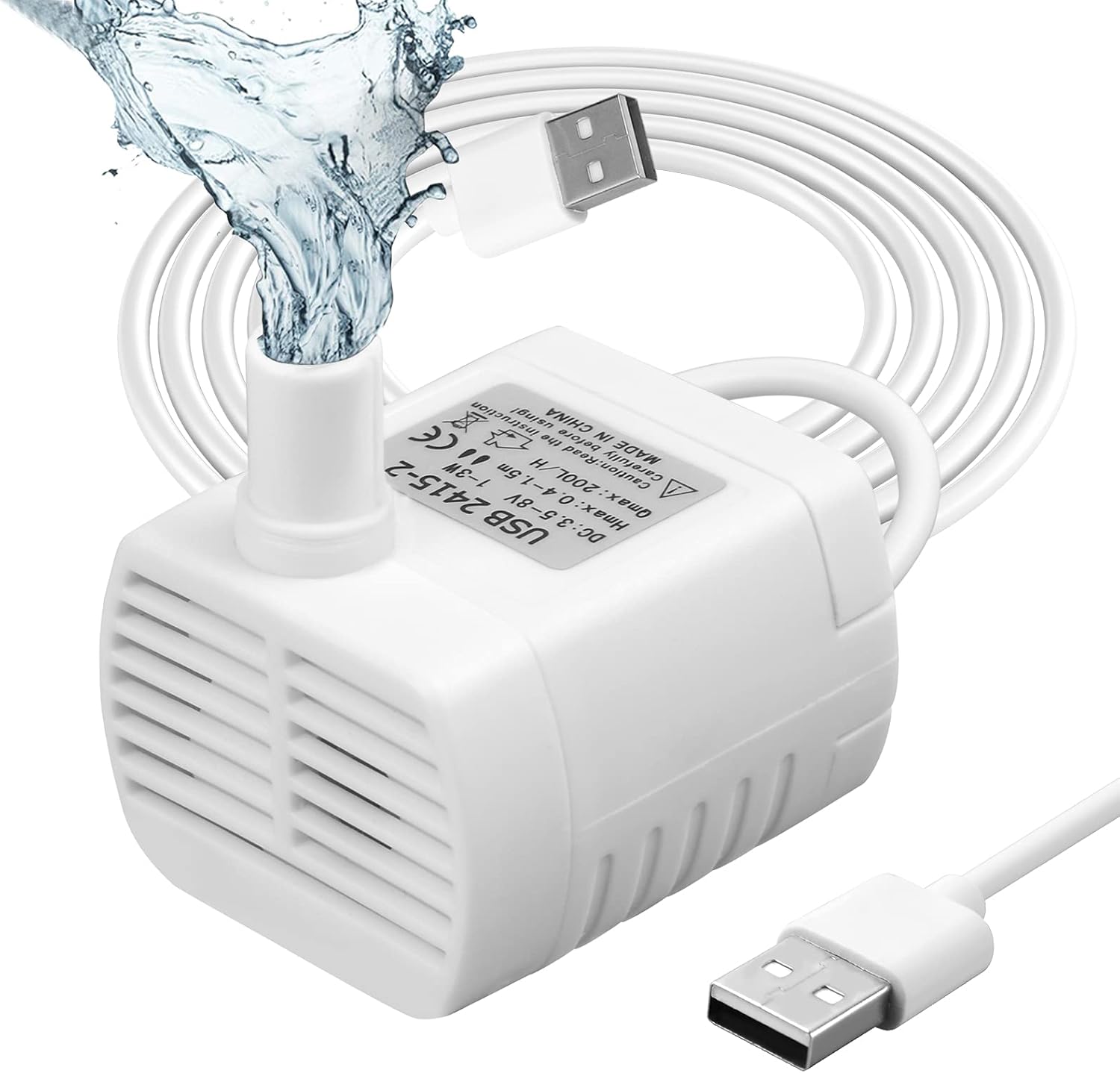 Pompa akwariowa USB 200 l/h 3 W, ultracicha, do stawu, fontanny, akwarium, przewód zasilający 1,5 m, biały