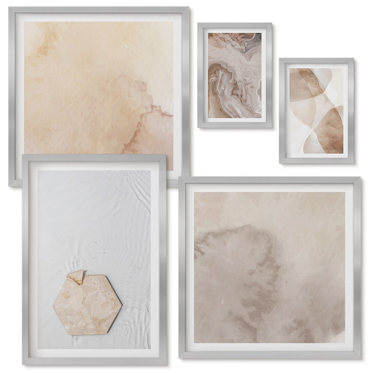 Zestaw obrazów w ramie - 5 części | Designerska abstrakcja inspirowana naturą | Srebrna ramka