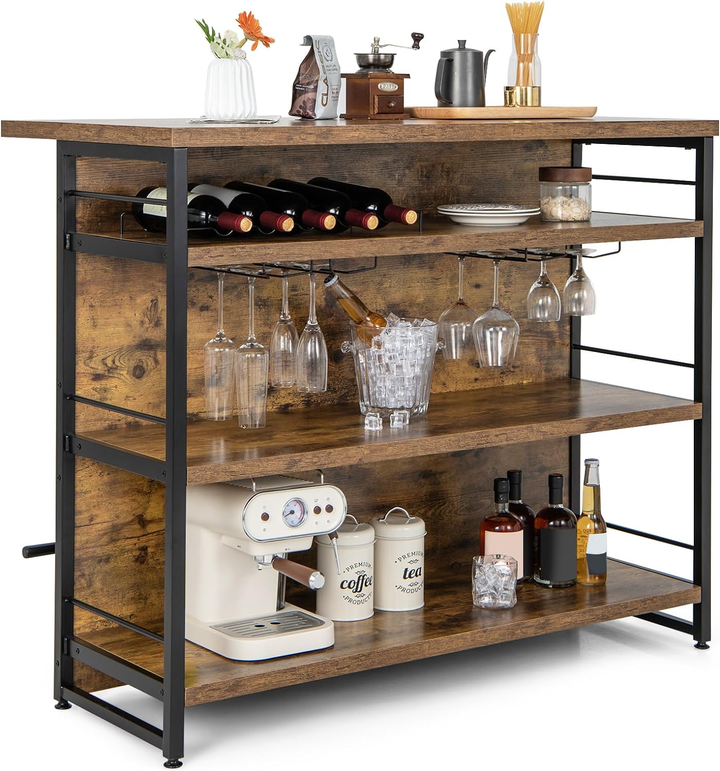 Domowy Bar, Regał Kuchenny z 4 Otwartymi Półkami, Szafka Barowa 120 x 60 x 101 cm z Podnóżkiem i Regulowanymi Poduszkami na Nogi (Rustykalny)