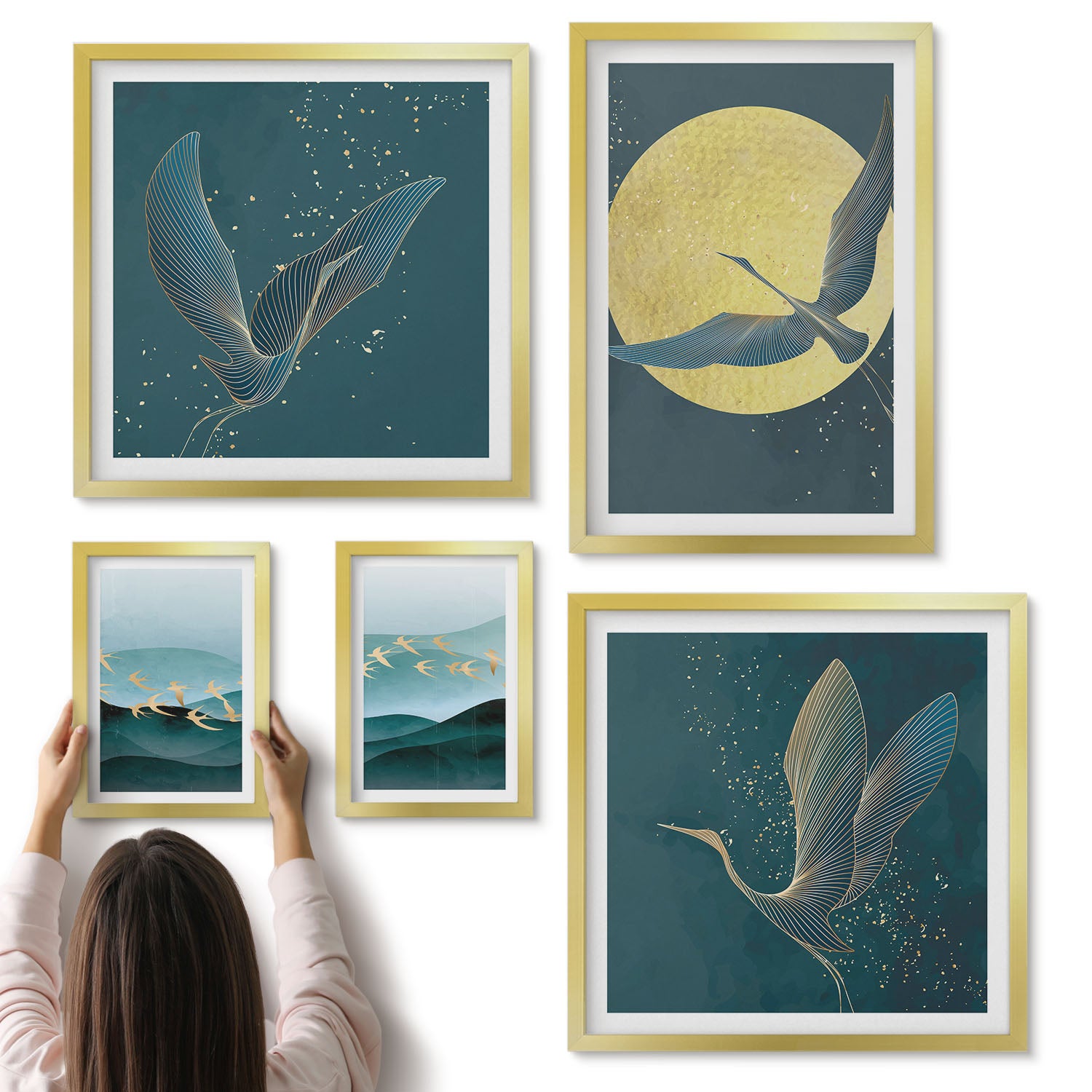 Galeria ścienna 5-częściowy komplet obrazów w złotych ramach - Krajobrazy z ptakami w nocnym niebie z księżycem - ArtPrintCave