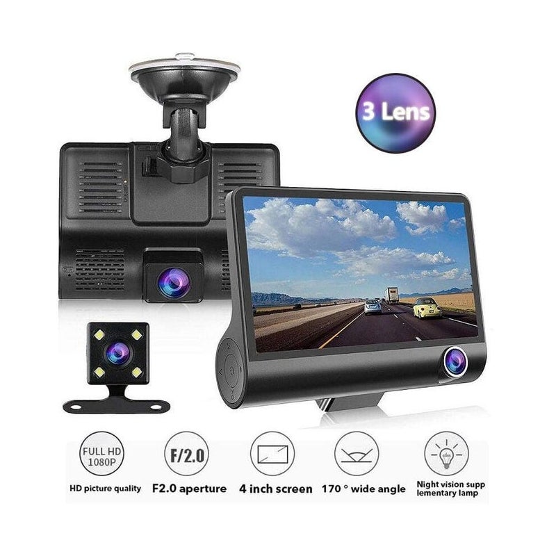 Kamera samochodowa, 3 kamery, Full HD, 1080P, podwójny obiektyw, 4-calowy ekran LCD, z widokiem z tyłu o kącie 170 stopni