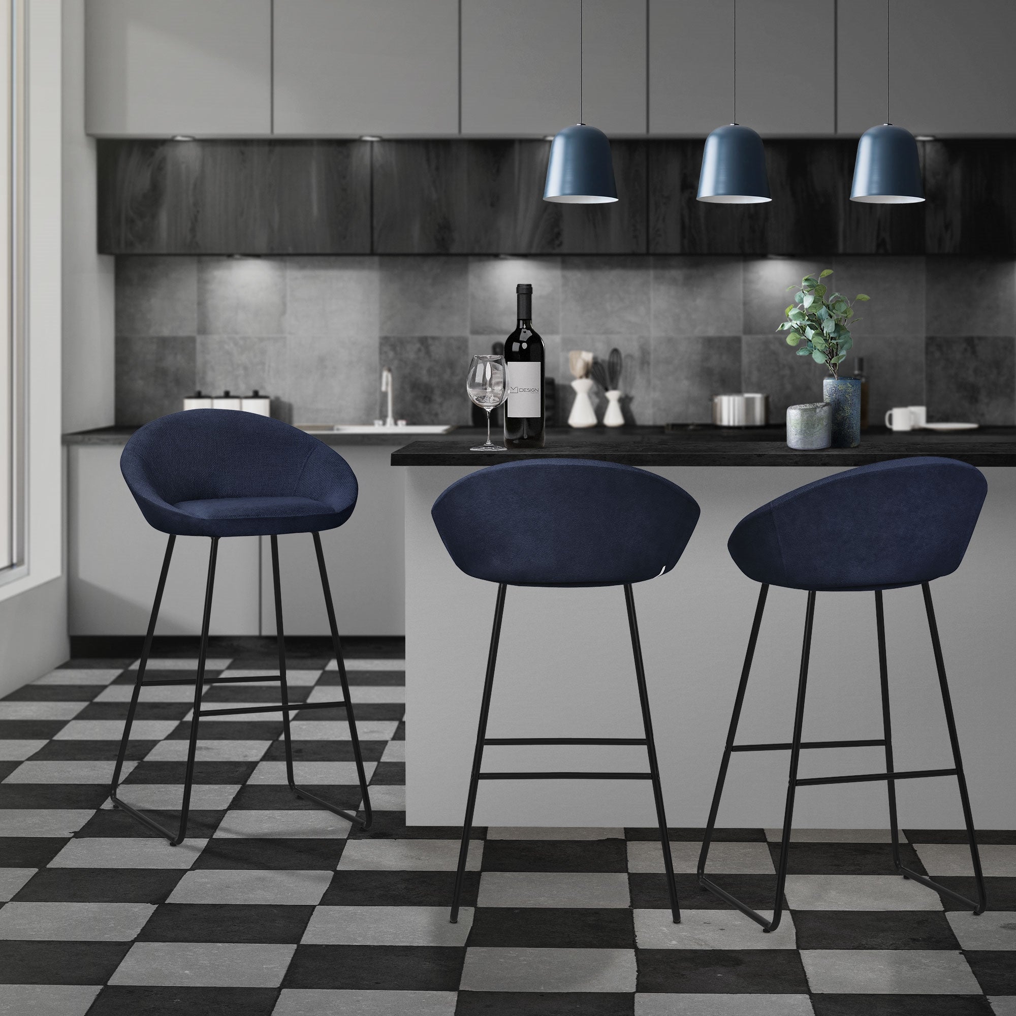 ML-Design zestaw 2 hokerów barowych ciemnoniebieskich 75cm tapicerowanych wygodne ergonomiczne krzesła z oparciem i podnóżkiem metalowa konstrukcja