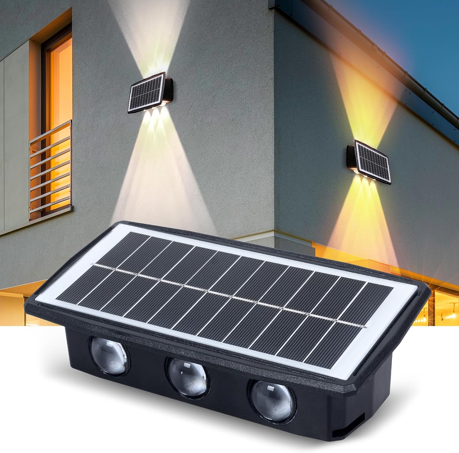 Zewnętrzna lampa ścienna zasilana energią słoneczną – z 2 trybami oświetlenia – 6 diod LED – 1800 mAh – IP65 – odpowiednia do ogrodów i dziedzińców