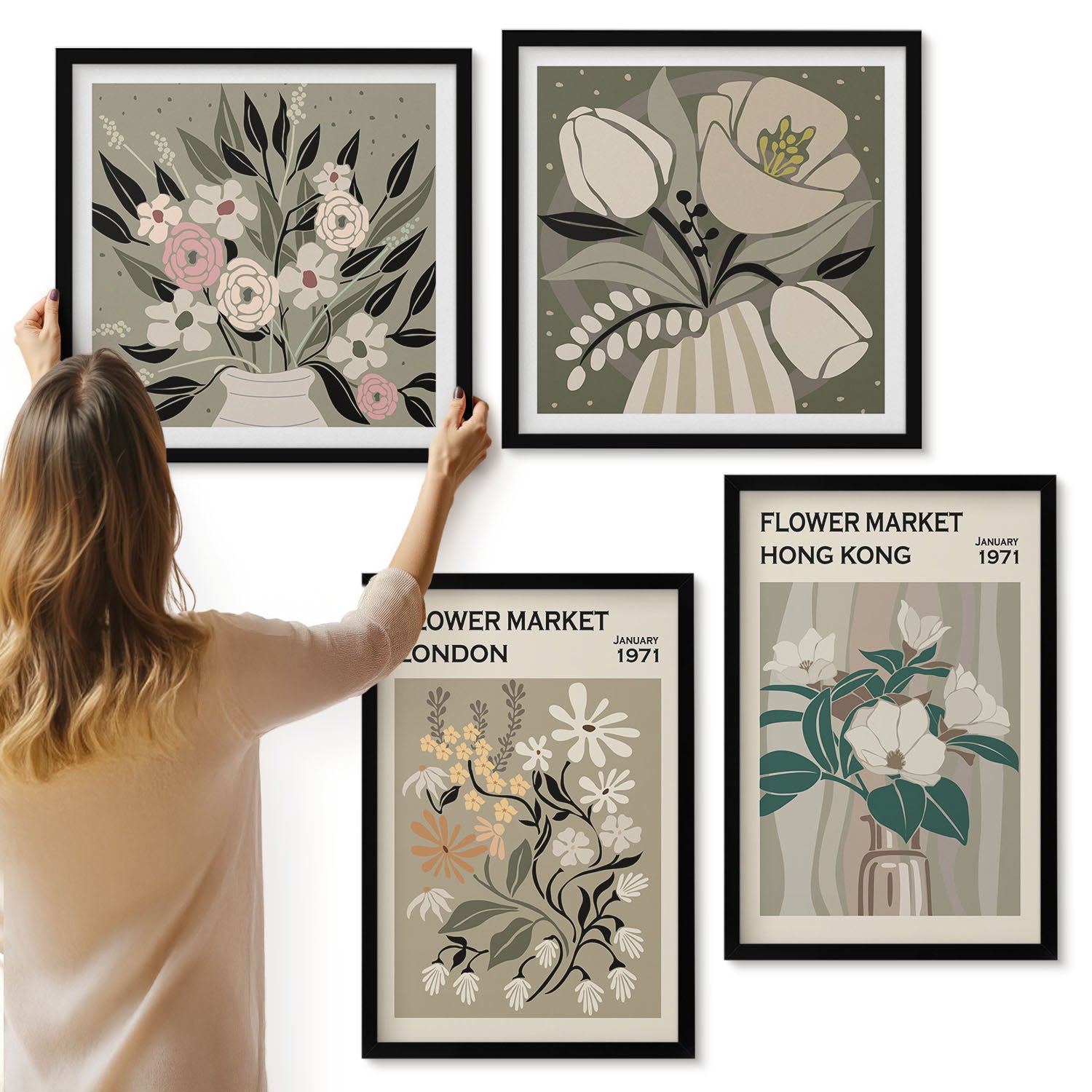 Galeria ścienna 4-częściowy komplet obrazów w czarnych ramach - Kwiatowe postery Londyn Hongkong ilustracje - ArtPrintCave