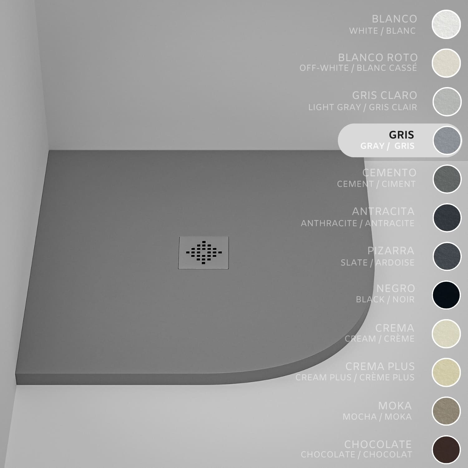 Brodzik półokrągły SOULHOME Żywica i Konglomerat Mineralny Antypoślizgowy 80x80 cm Szary - Kratka Inox