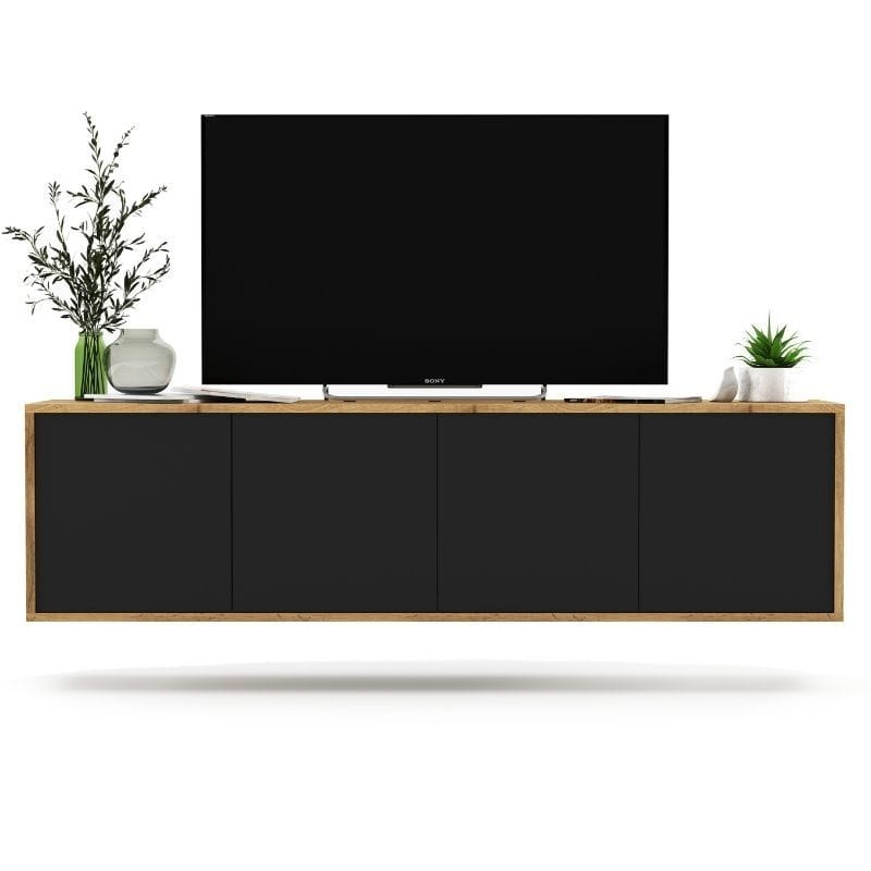 Wisząca szafka RTV, NORD, 150x35x39 cm, dąb wotan, czarny, mat | TYLETEGOTU