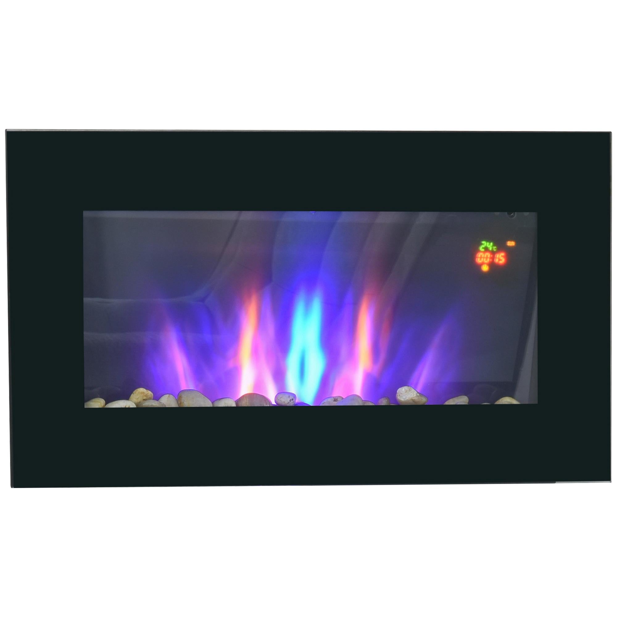 Kominek elektryczny ścienny LED 1000/2000W ze sterowaniem zdalnym, 7 kolorów, regulacja temperatury, czarny design