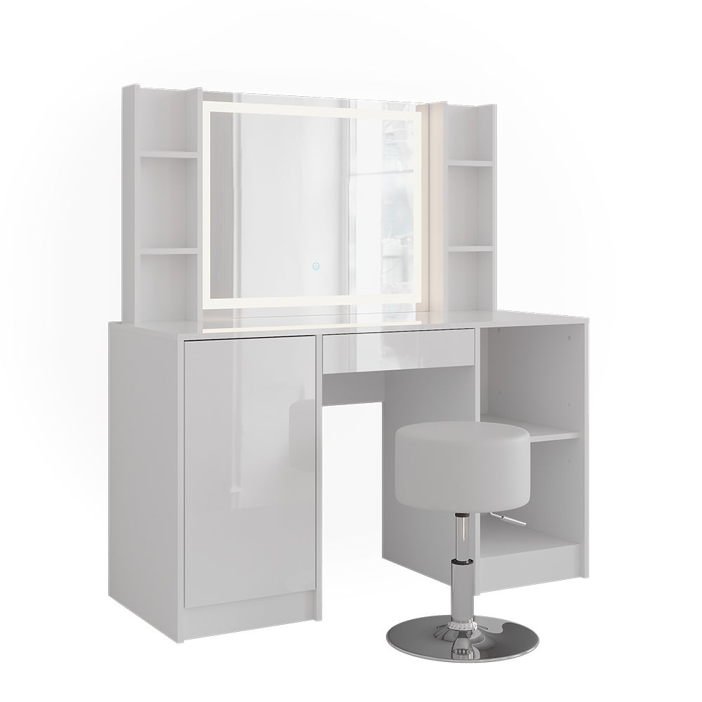 Vicco Stół do toalety Sherry, Biały/Biały wysoki połysk, 128.2 cm z lustrem LED i stołkiem