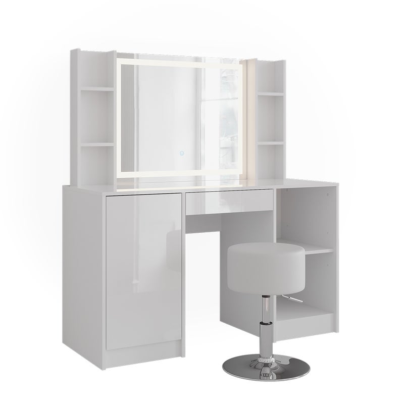 Vicco Stół do toalety Sherry, Biały/Biały wysoki połysk, 128.2 cm z lustrem LED i stołkiem